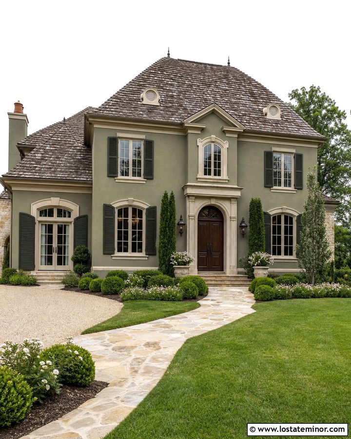 Moss Green French Country House With Putty Trim - 30 Moss Green House Design With Trim Ideas