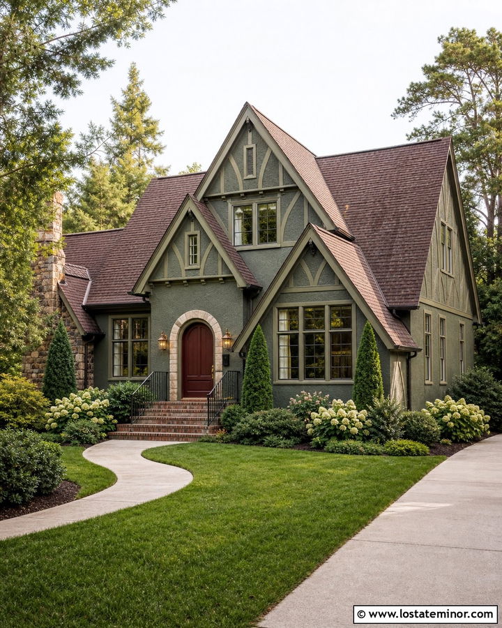Moss Green Gable House With Burgundy Front Door - 30 Moss Green House Design With Gables Ideas