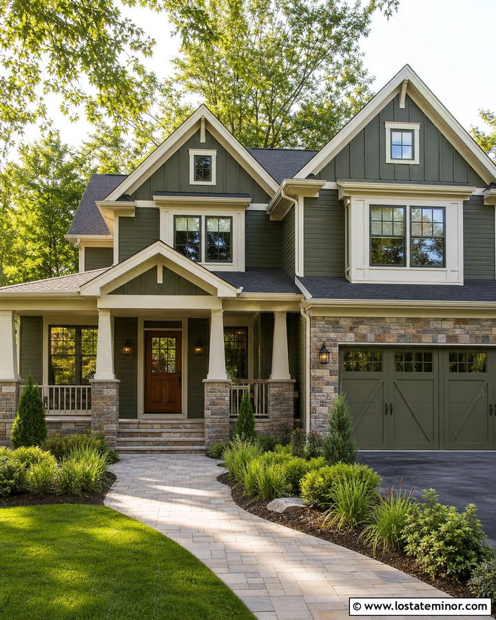 Moss Green Gable House With Stone Veneer - 30 Moss Green House Design With Gables Ideas
