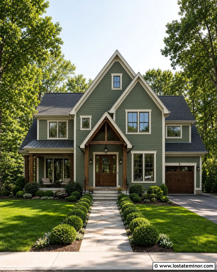 Moss Green Gable House With Wood Front Door - 30 Moss Green House Design With Gables Ideas