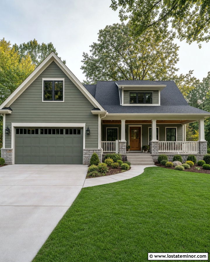 Moss Green Garage House With Porch Railings - 30 Moss Green House Design With Railings Ideas
