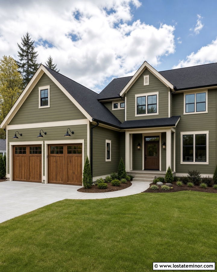 Moss Green Garage With Black Barn Lights - 30 Moss Green House Design With Light Fixtures Ideas