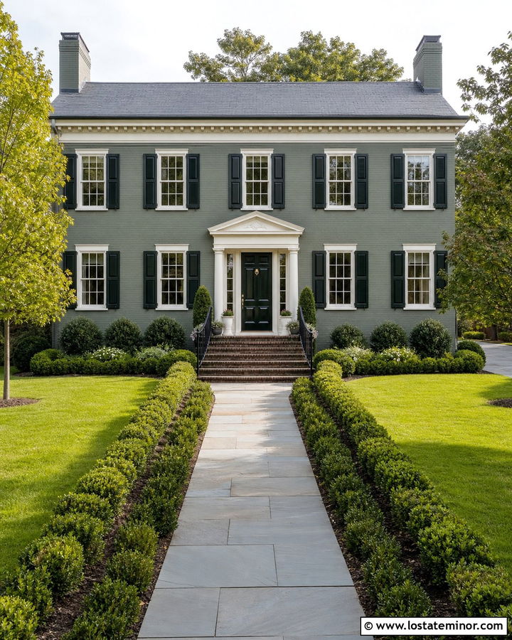 Moss Green Georgian House With Dark Green Shutters - 30 Moss Green House Design With Shutters Ideas