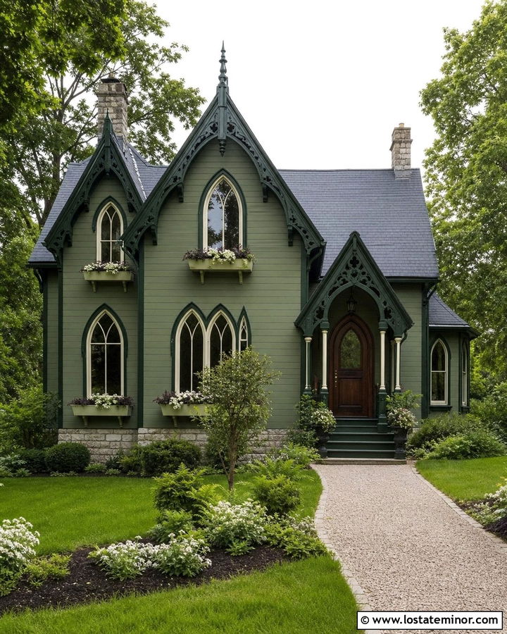 Moss Green Gothic Revival With Tonal Window Boxes - 30 Moss Green House Design With Window Boxes Ideas