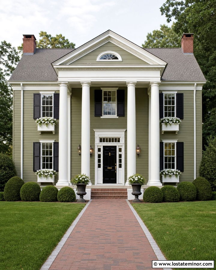Moss Green Greek Revival With White Window Boxes - 30 Moss Green House Design With Window Boxes Ideas