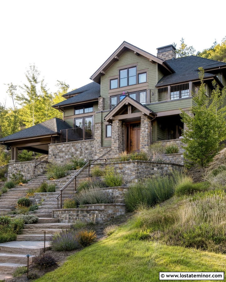 Moss Green Hillside House With Stone Retaining Walls - 30 Moss Green House Design With Stone Accents Ideas