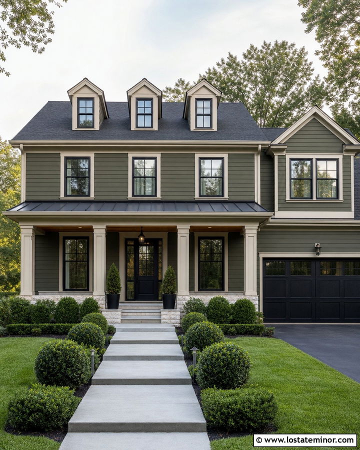 Moss Green House With A Black Entry Awning - 30 Moss Green House Design With Awning Ideas