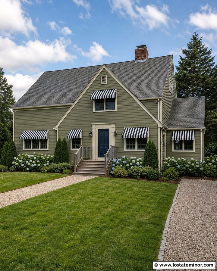 Moss Green House With A Blue Striped Awning - 30 Moss Green House Design With Awning Ideas