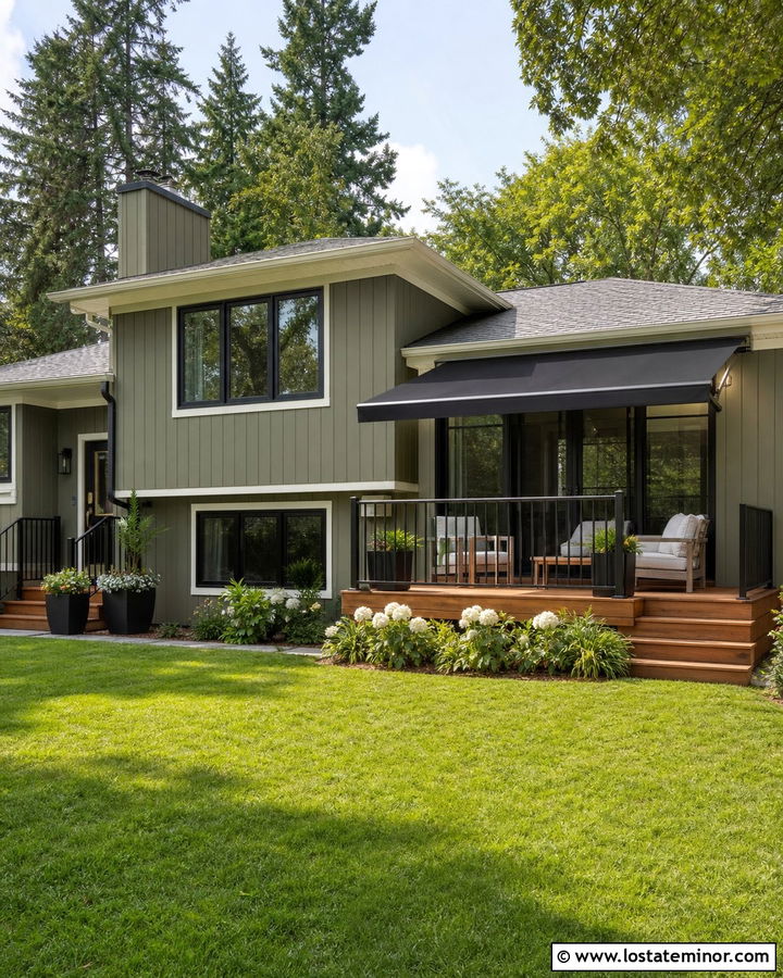 Moss Green House With A Charcoal Patio Awning - 30 Moss Green House Design With Awning Ideas
