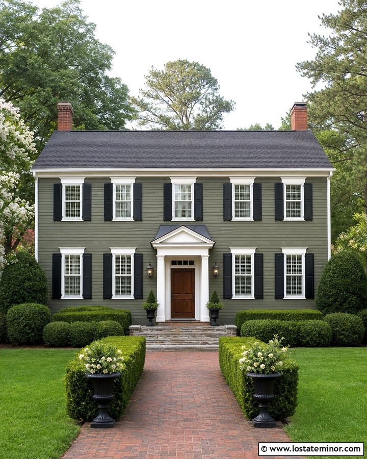 Moss Green House With A Colonial Door Awning - 30 Moss Green House Design With Awning Ideas