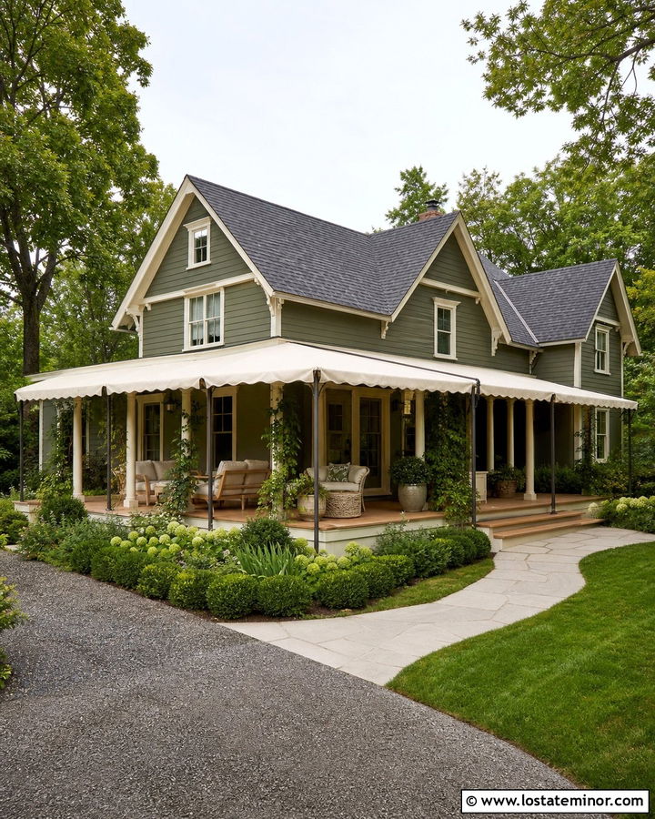 Moss Green House With A Corner Awning - 30 Moss Green House Design With Awning Ideas