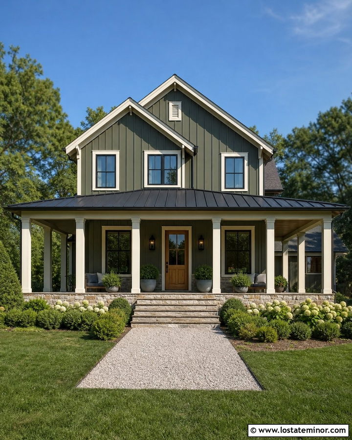 Moss Green House With A Farmhouse Porch Awning - 30 Moss Green House Design With Awning Ideas