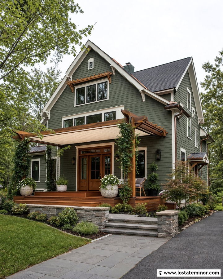 Moss Green House With A Pergola Awning - 30 Moss Green House Design With Awning Ideas