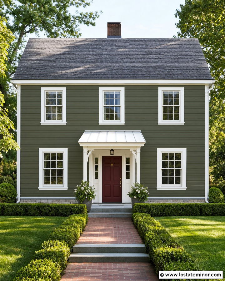 Moss Green House With A White Door Awning - 30 Moss Green House Design With Awning Ideas