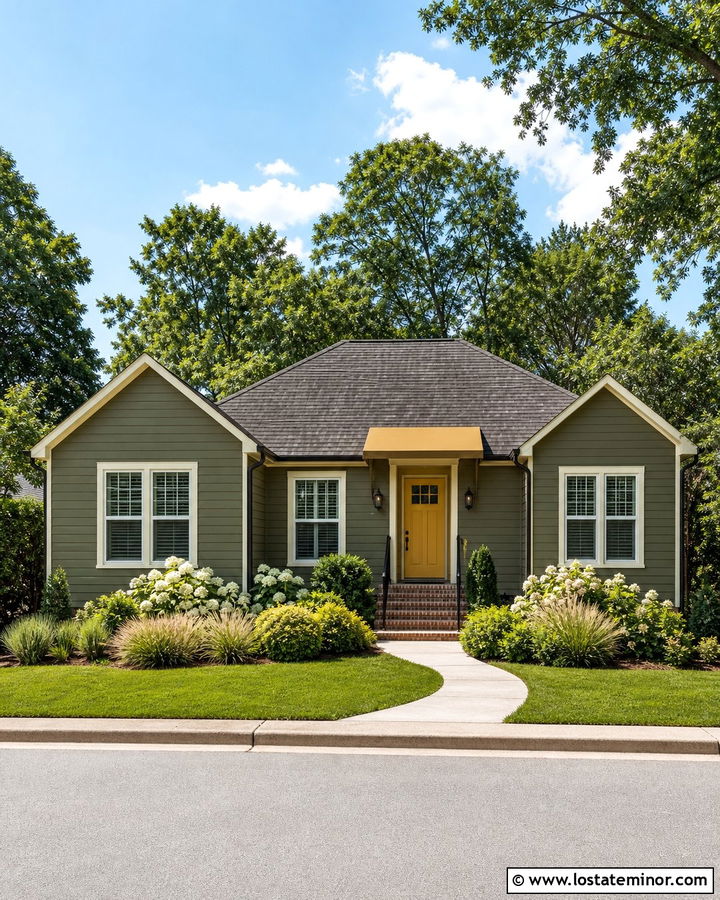 Moss Green House With A Yellow Door Awning - 30 Moss Green House Design With Awning Ideas