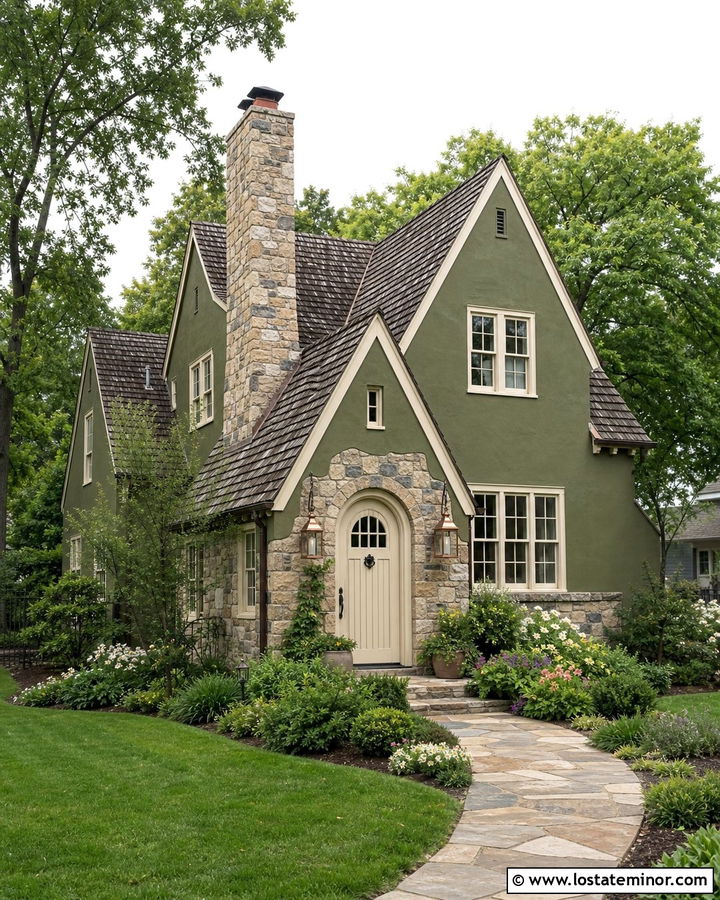 Moss Green House With Arched Cream Front Door - 30 Moss Green House Design With Front Door Ideas