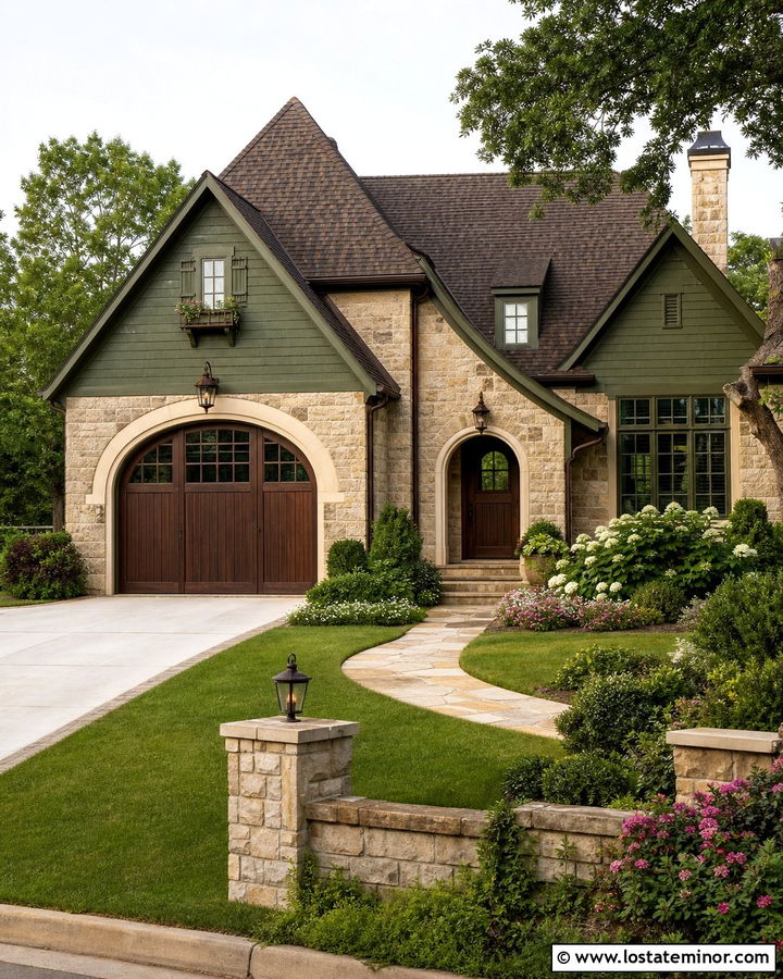 Moss Green House With Arched Garage Door - 30 Moss Green House Design With Garage Door Ideas