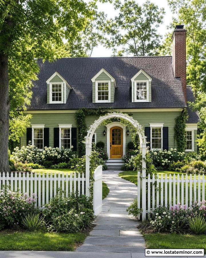 Moss Green House With Arched Garden Fence - 30 Moss Green House Design With Fence Ideas