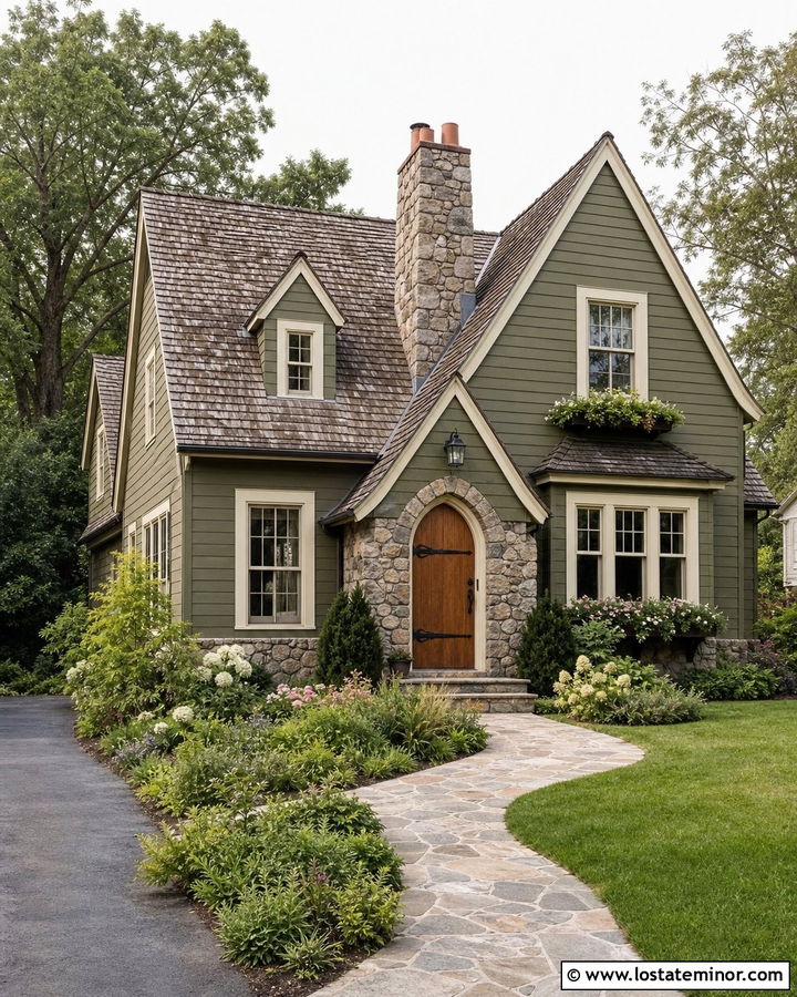 Moss Green House With Arched Wood Entry Door - 30 Moss Green House Design With Entry Door Ideas