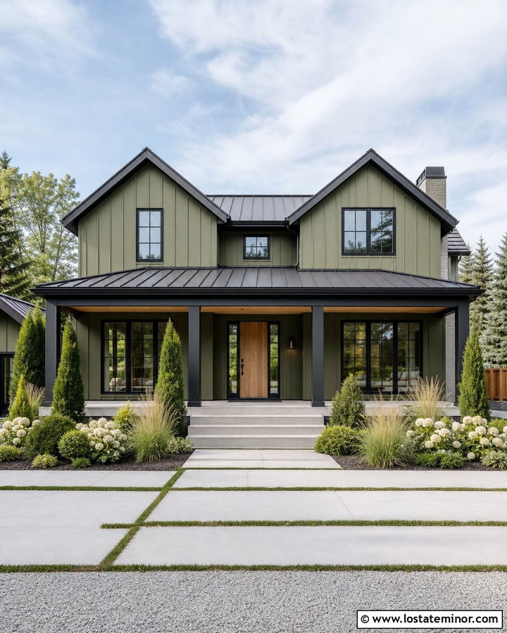 Moss Green House With Black Column Portico - 30 Moss Green House Design With Portico Ideas