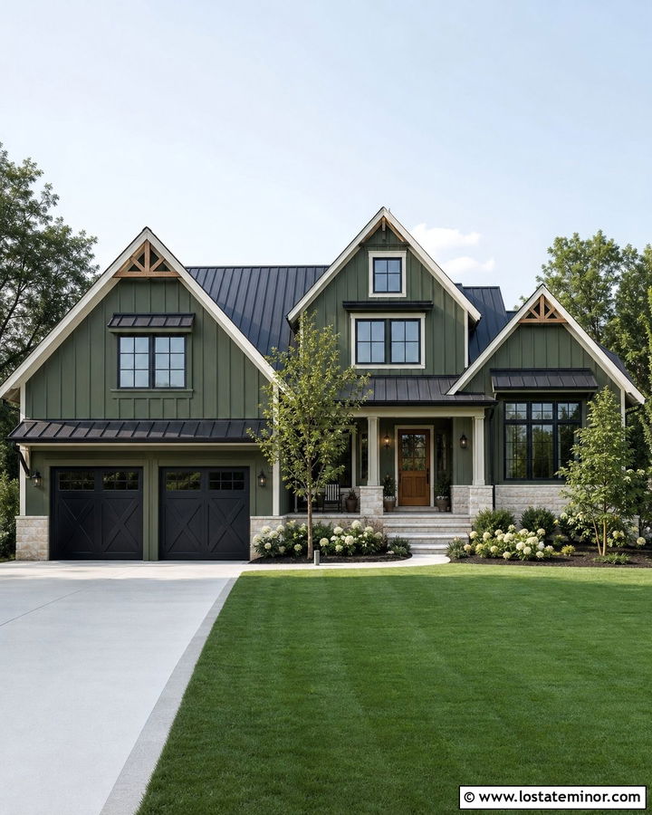Moss Green House With Black Farmhouse Garage Door - 30 Moss Green House Design With Garage Door Ideas