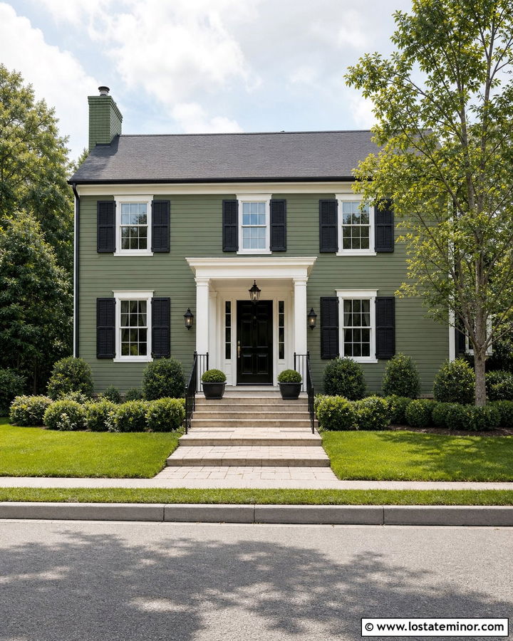 Moss Green House With Black Front Door Portico - 30 Moss Green House Design With Portico Ideas
