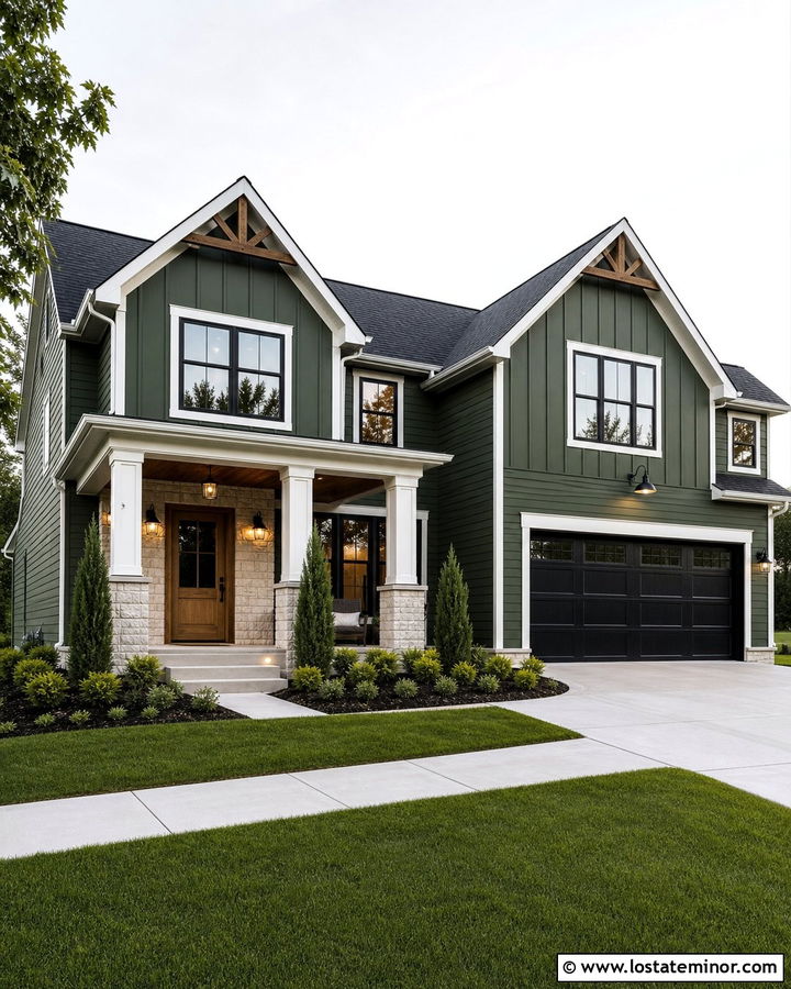 Moss Green House With Black Garage Door - 30 Moss Green House Design With Garage Door Ideas