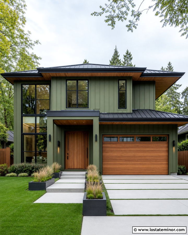 Moss Green House With Black Grid Windows - 30 Moss Green House Design With Window Frames Ideas