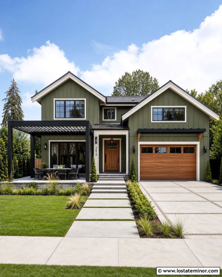 Moss Green House With Black Louvered Pergola - 30 Moss Green House Design With Pergola Ideas