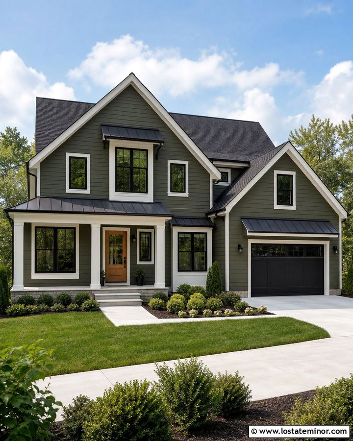 Moss Green House With Black Metal Awnings - 30 Moss Green House Design With Awning Ideas