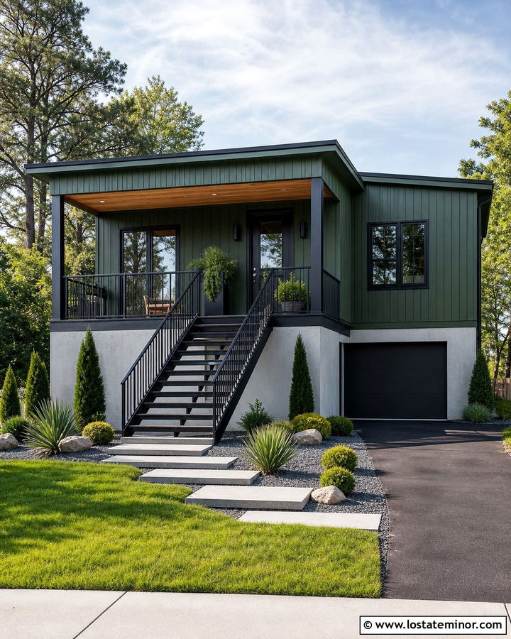 Moss Green House With Black Metal Steps - 30 Moss Green House Design With Steps Ideas