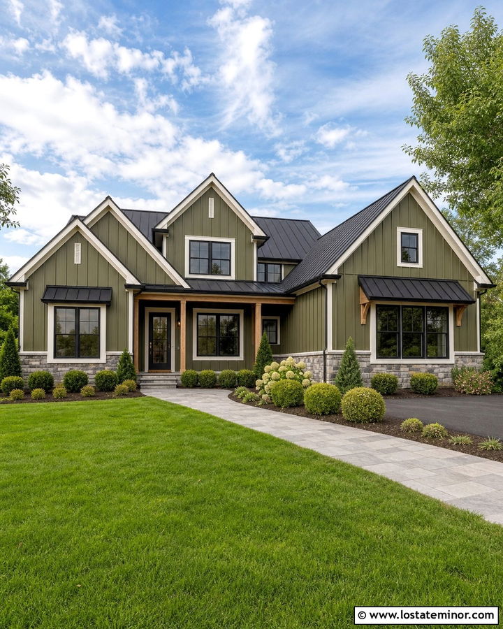 Moss Green House With Black Roof And Black Storm Door - 30 Moss Green House Design With Storm Door Ideas