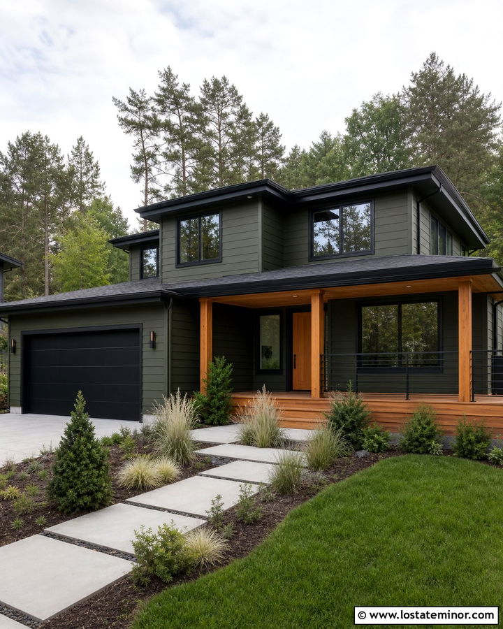 Moss Green House With Black Trim And Cedar Deck - 30 Moss Green House Design With Deck Ideas