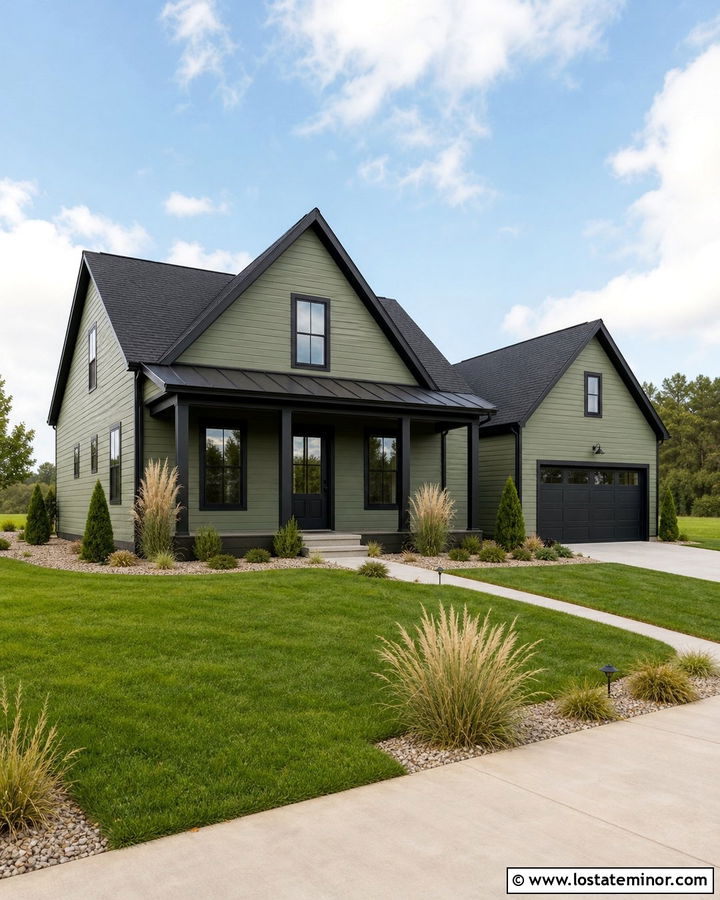 Moss Green House With Black Trim And Ornamental Grass - 30 Moss Green House Design With Landscaping Ideas