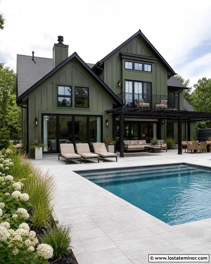 Moss Green House With Black Trim And Pool - 30 Moss Green House Design With Backyard Ideas