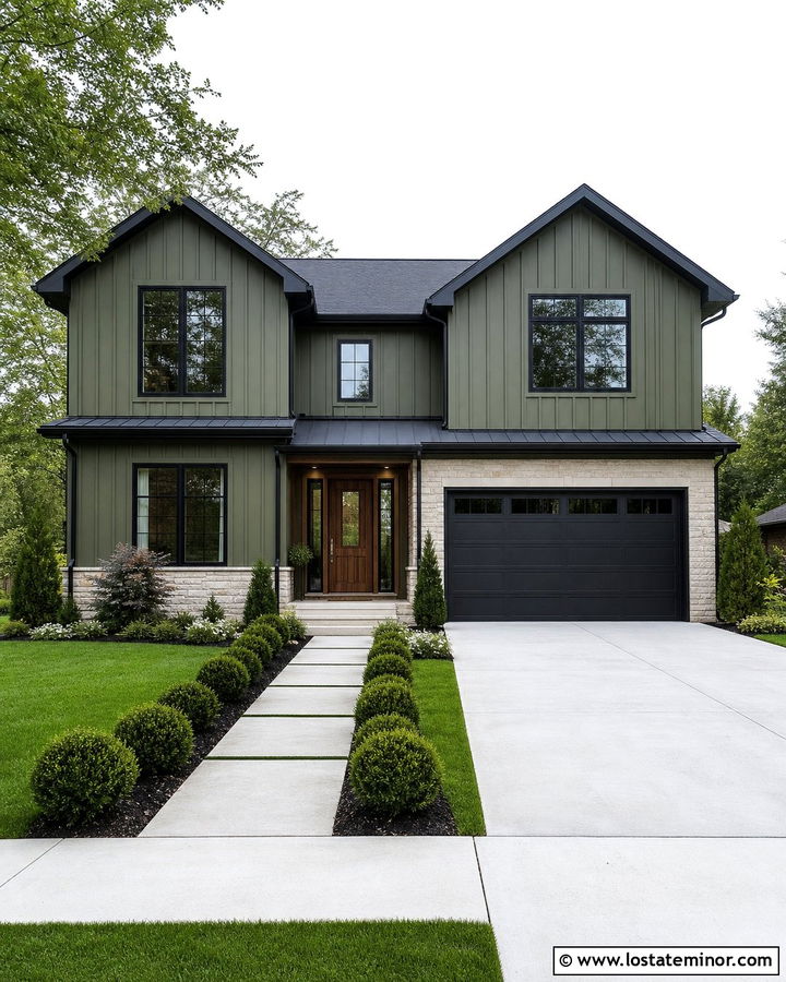 Moss Green House With Black Trim And Wood Door - 30 Moss Green House Design With Accents Ideas