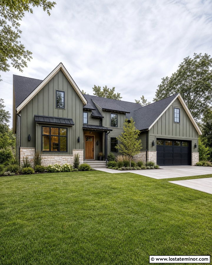 Moss Green House With Black Window Frames - 30 Moss Green House Design With Lighting Ideas