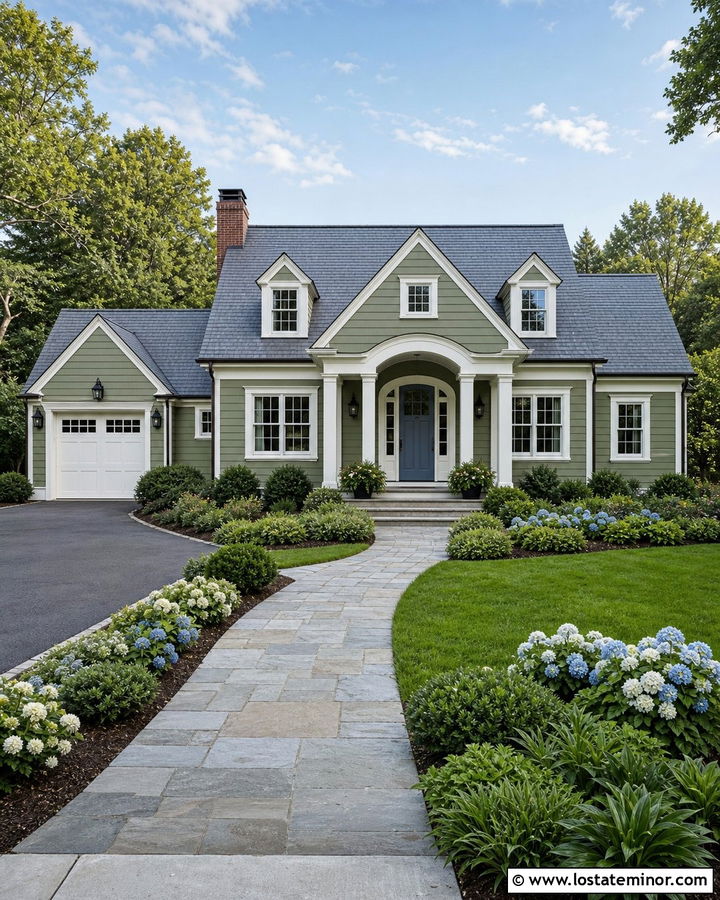 Moss Green House With Blue Gray Door And Flowering Shrubs - 30 Moss Green House Design With Landscaping Ideas