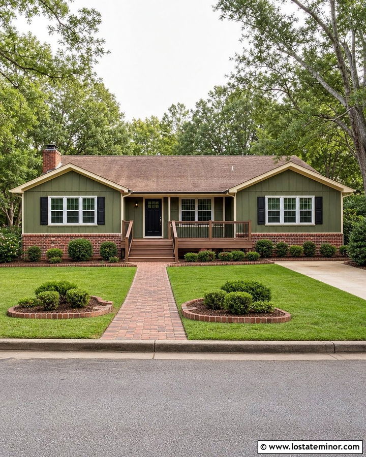 Moss Green House With Brick Accents And Brown Deck - 30 Moss Green House Design With Deck Ideas