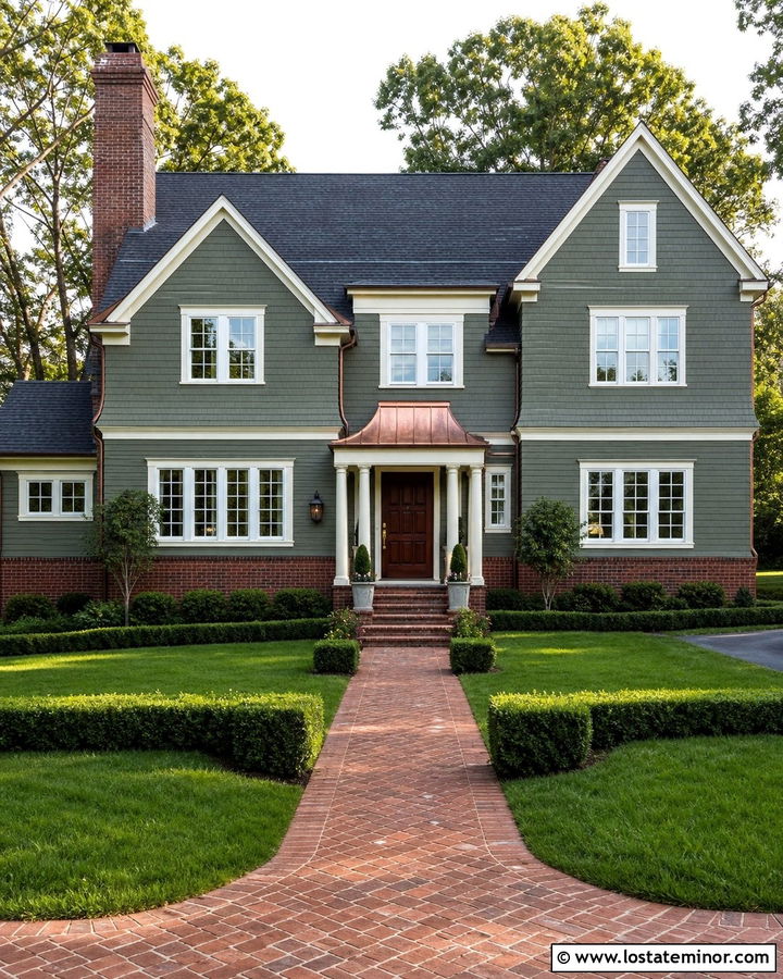 Moss Green House With Brick And Copper Details - 30 Moss Green House Design With Brick Accents Ideas