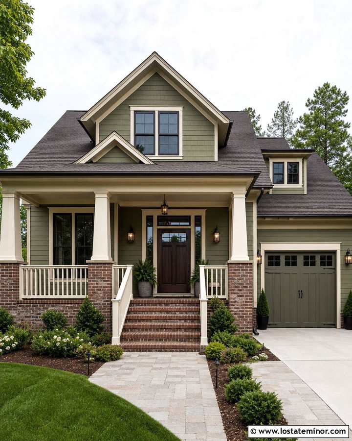 Moss Green House With Brick Base Porch Columns - 30 Moss Green House Design With Porch Columns Ideas