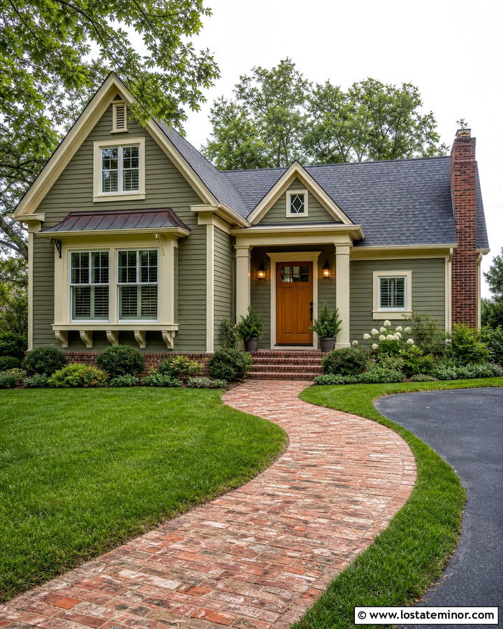 Moss Green House With Brick Front Walkway - 30 Moss Green House Design With Brick Accents Ideas