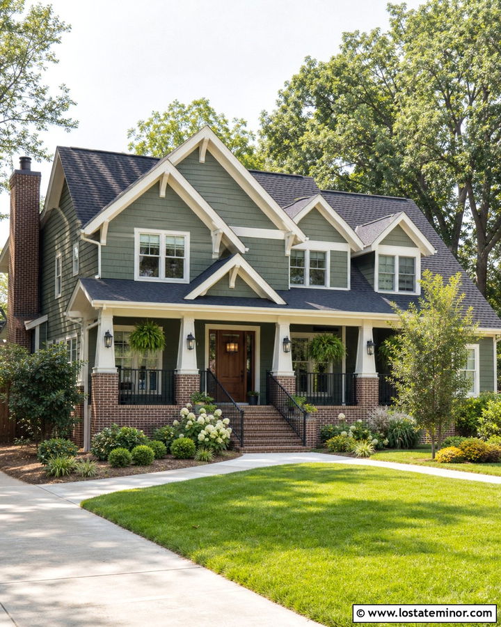 Moss Green House With Brick Porch And Black Roof - 30 Moss Green House Design With Brick Accents Ideas