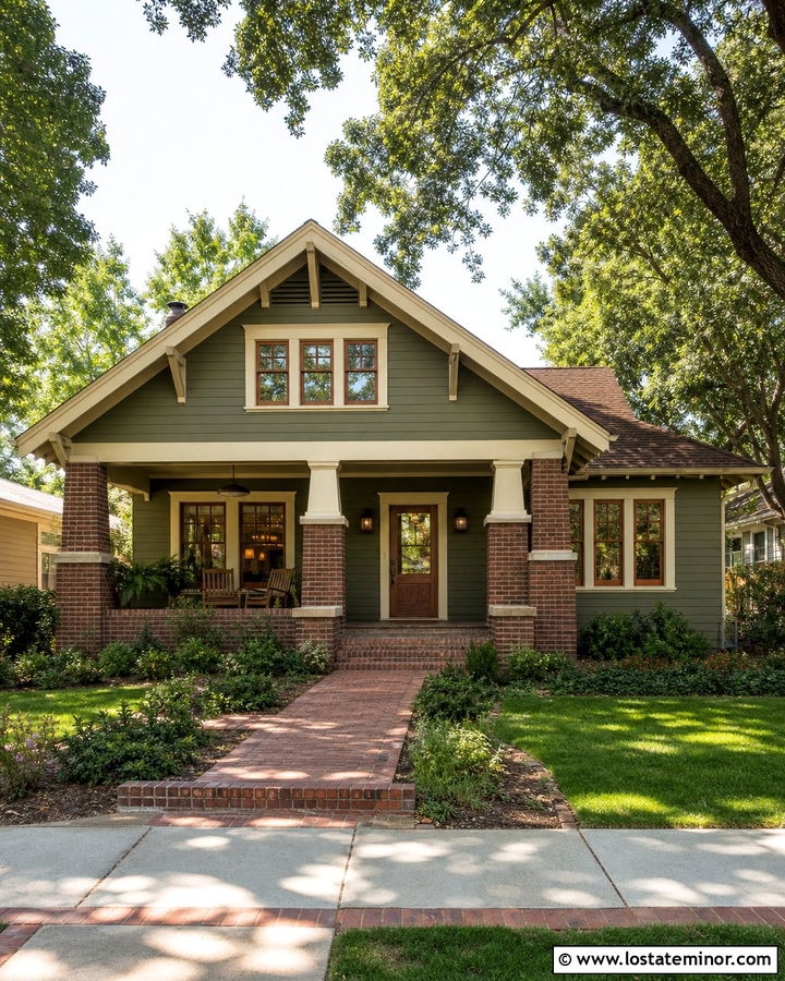 Moss Green House With Brick Porch Columns - 30 Moss Green House Design With Brick Accents Ideas