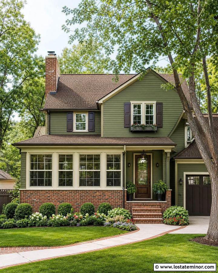 Moss Green House With Brick Sunroom Base - 30 Moss Green House Design With Sunroom Ideas