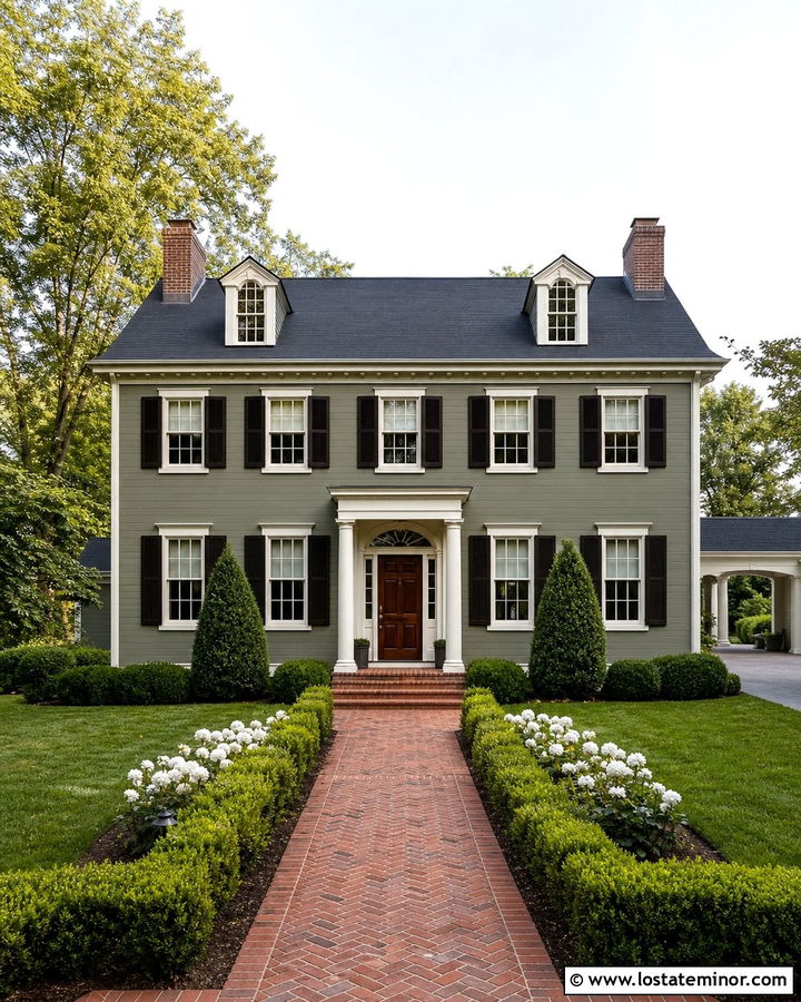 Moss Green House With Brick Walkway And Formal Landscaping - 30 Moss Green House Design With Landscaping Ideas