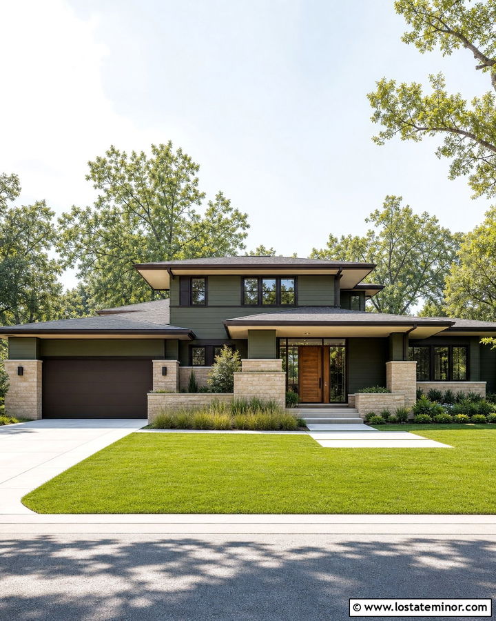Moss Green House With Bronze Garage Door - 30 Moss Green House Design With Garage Door Ideas