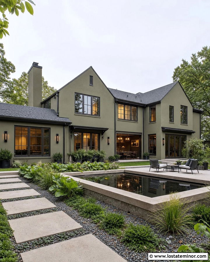 Moss Green House With Bronze Trim And Water Feature - 30 Moss Green House Design With Backyard Ideas