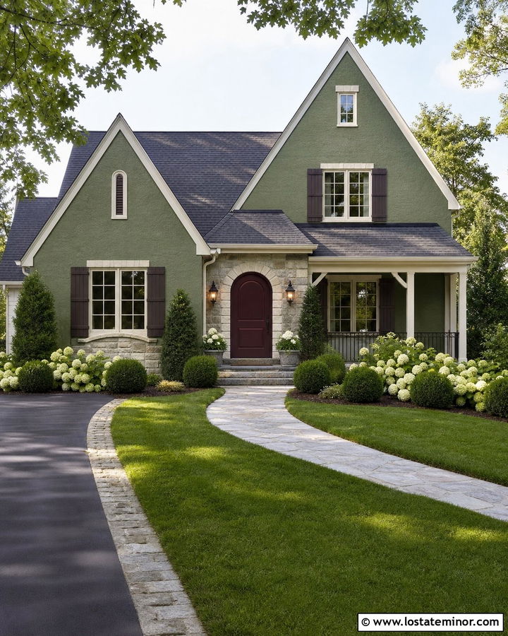 Moss Green House With Burgundy Door And Stone Porch - 30 Moss Green House Design With Accents Ideas