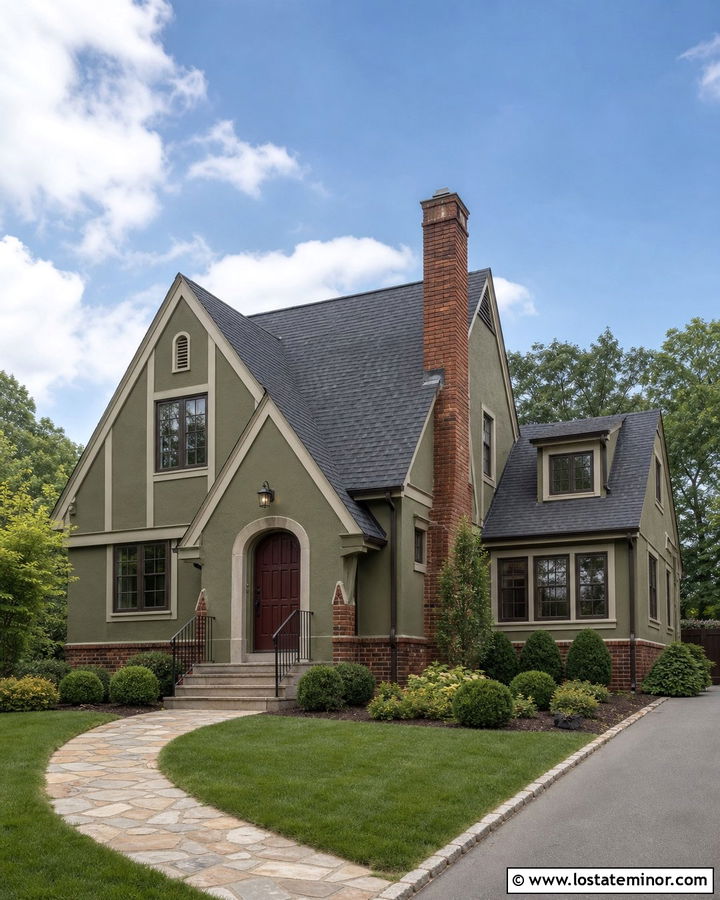 Moss Green House With Burgundy Entry Door - 30 Moss Green House Design With Entry Door Ideas